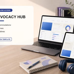 May include: A digital dashboard display labelled College Access Advocacy Hub Notion Template, featuring a laptop and tablet showing data charts, a spiral-bound notebook with a blue pen, and dark blue headphones on a wooden desk surface.
