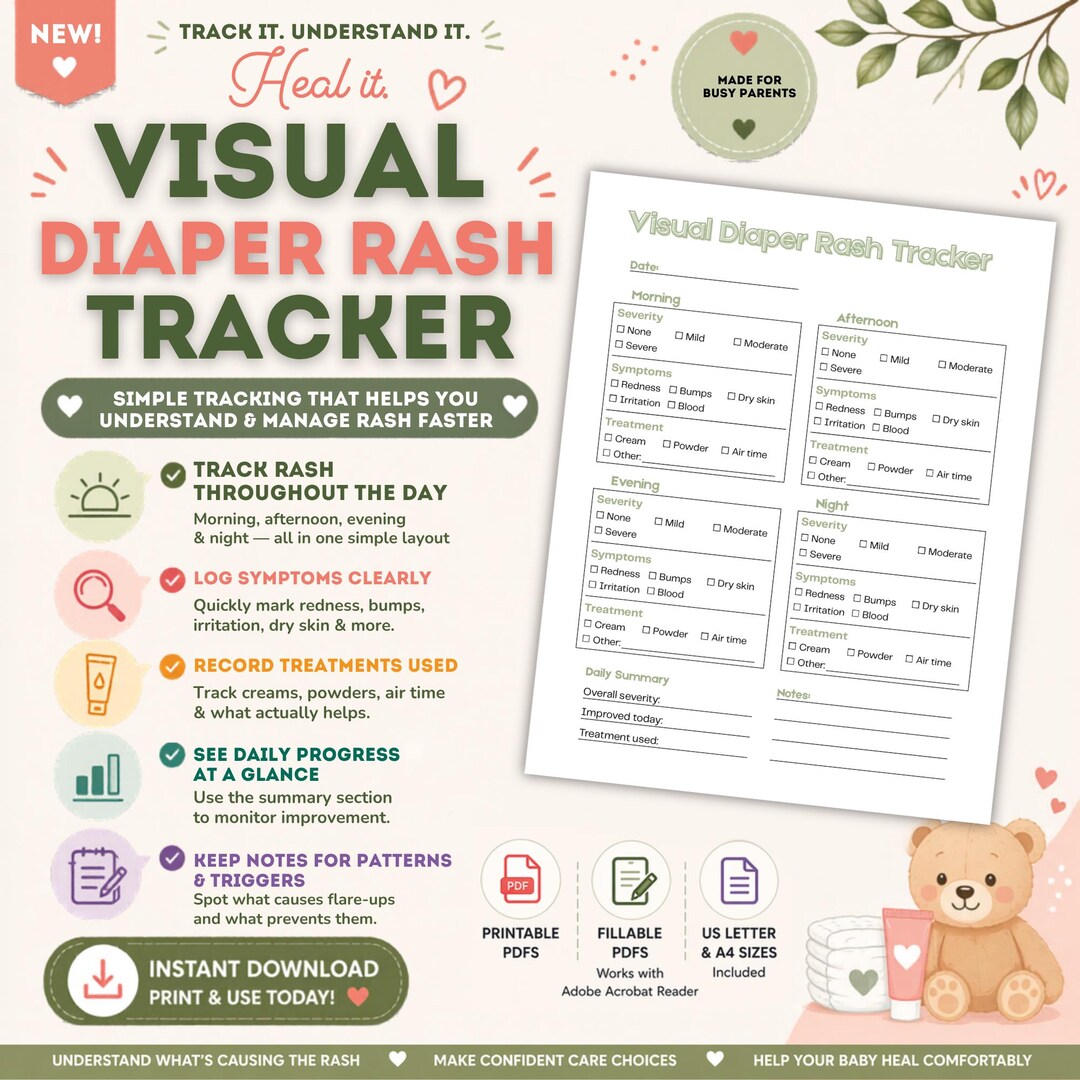 Visual Diaper Rash Tracker Printable | Baby Rash Log Chart | Daily ...