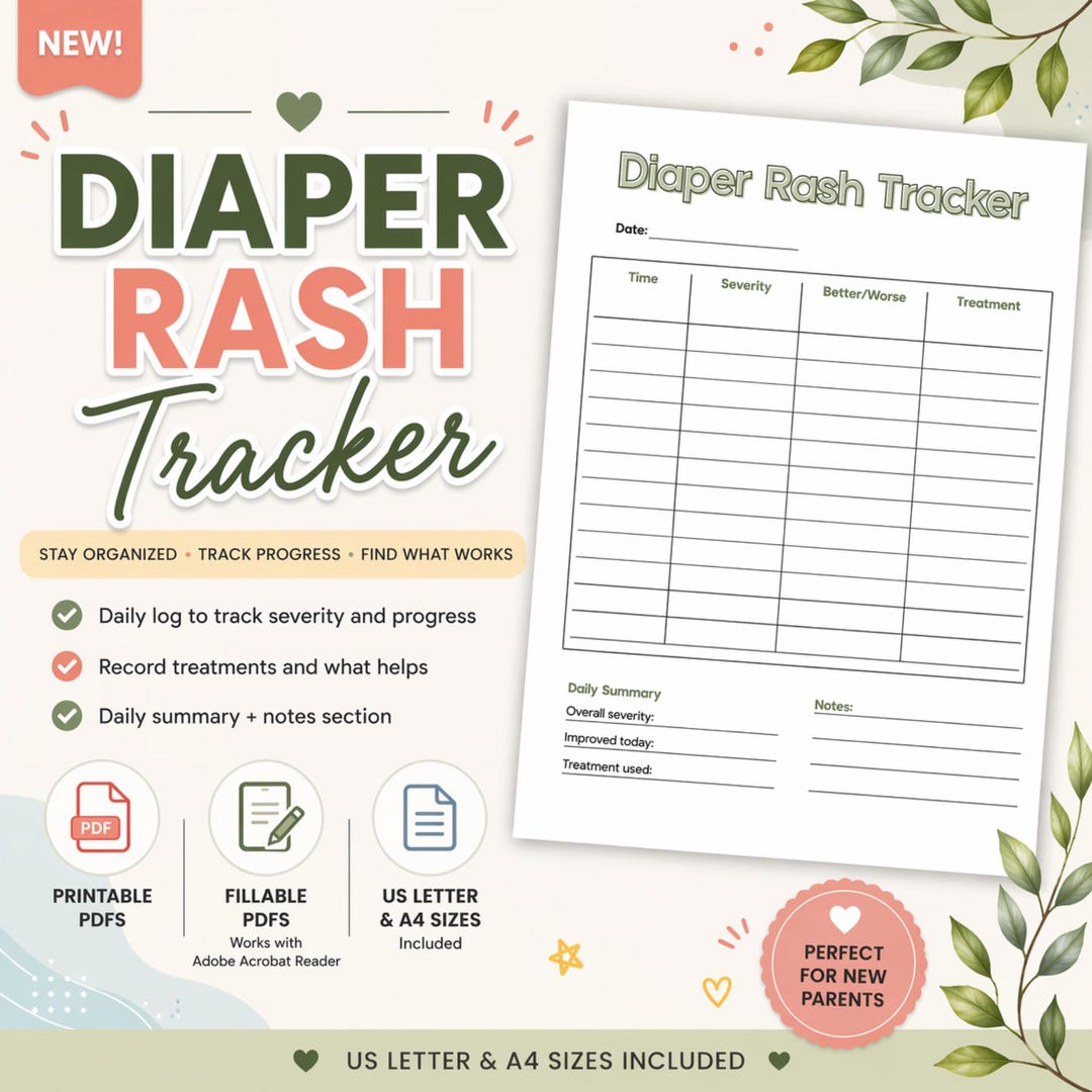 Diaper Rash Tracker Printable & Fillable PDF | Baby Rash Log Chart ...