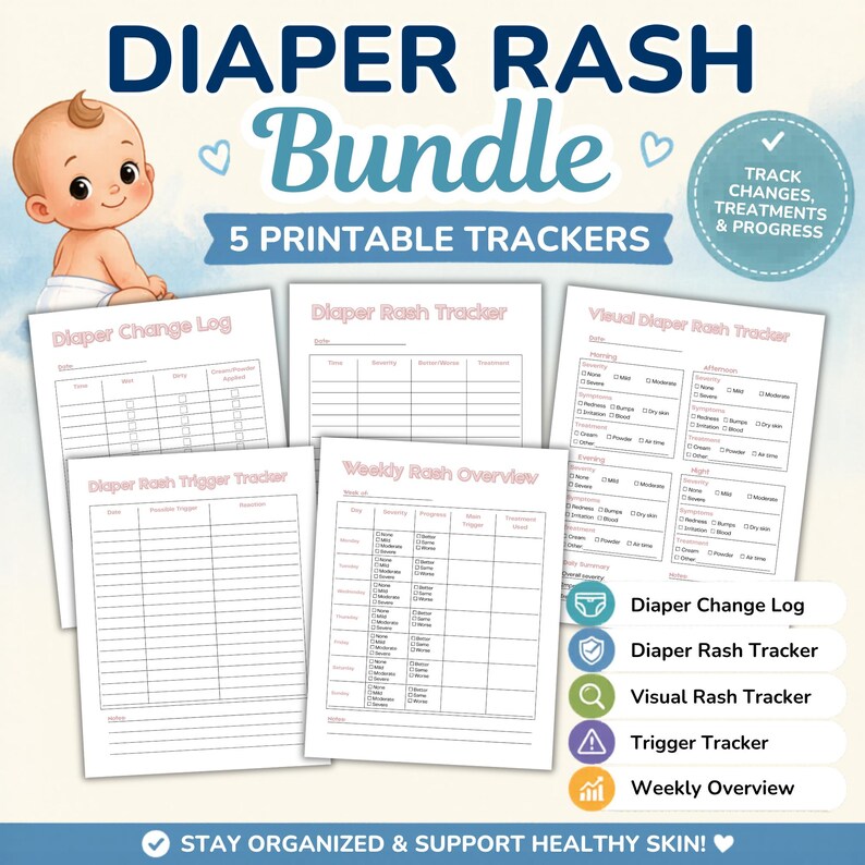 Diaper Rash Tracker Bundle Printable PDF, Baby Rash Log, Diaper Change ...