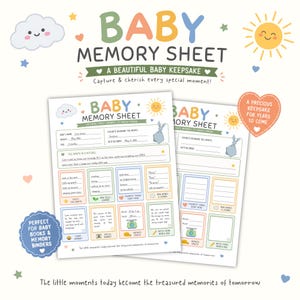 Könnte beinhalten: Zwei weiße Baby-Erinnerungsblätter aus Papier mit bunten Pastellrändern und Illustrationen von Wolken, Sonnen und Sternen. Die Blätter enthalten ausfüllbare Abschnitte für den Namen des Babys, das Alter, Meilensteine, Lieblingsdinge und Notizen der Eltern.