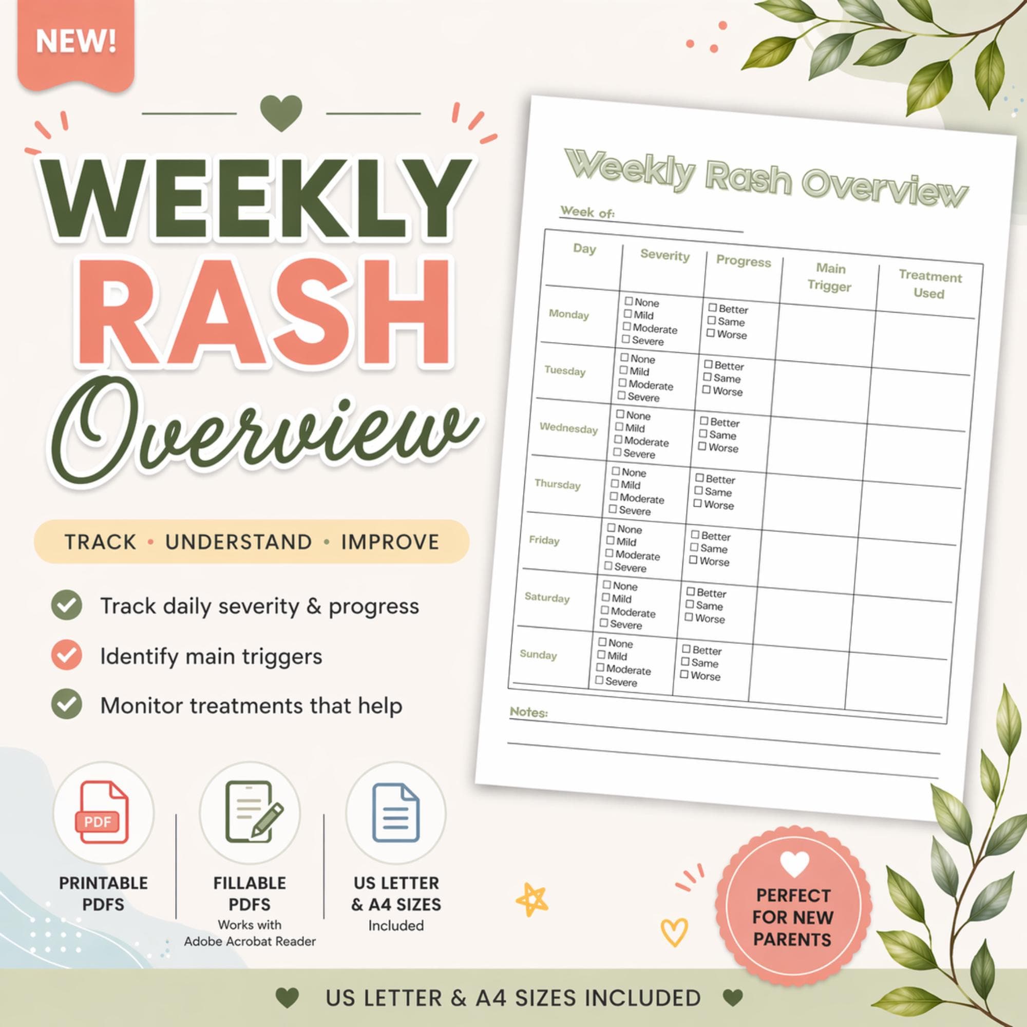 Weekly Trigger Log Weekly Diaper Rash Tracker Printable | Baby Rash Log, Severity ...