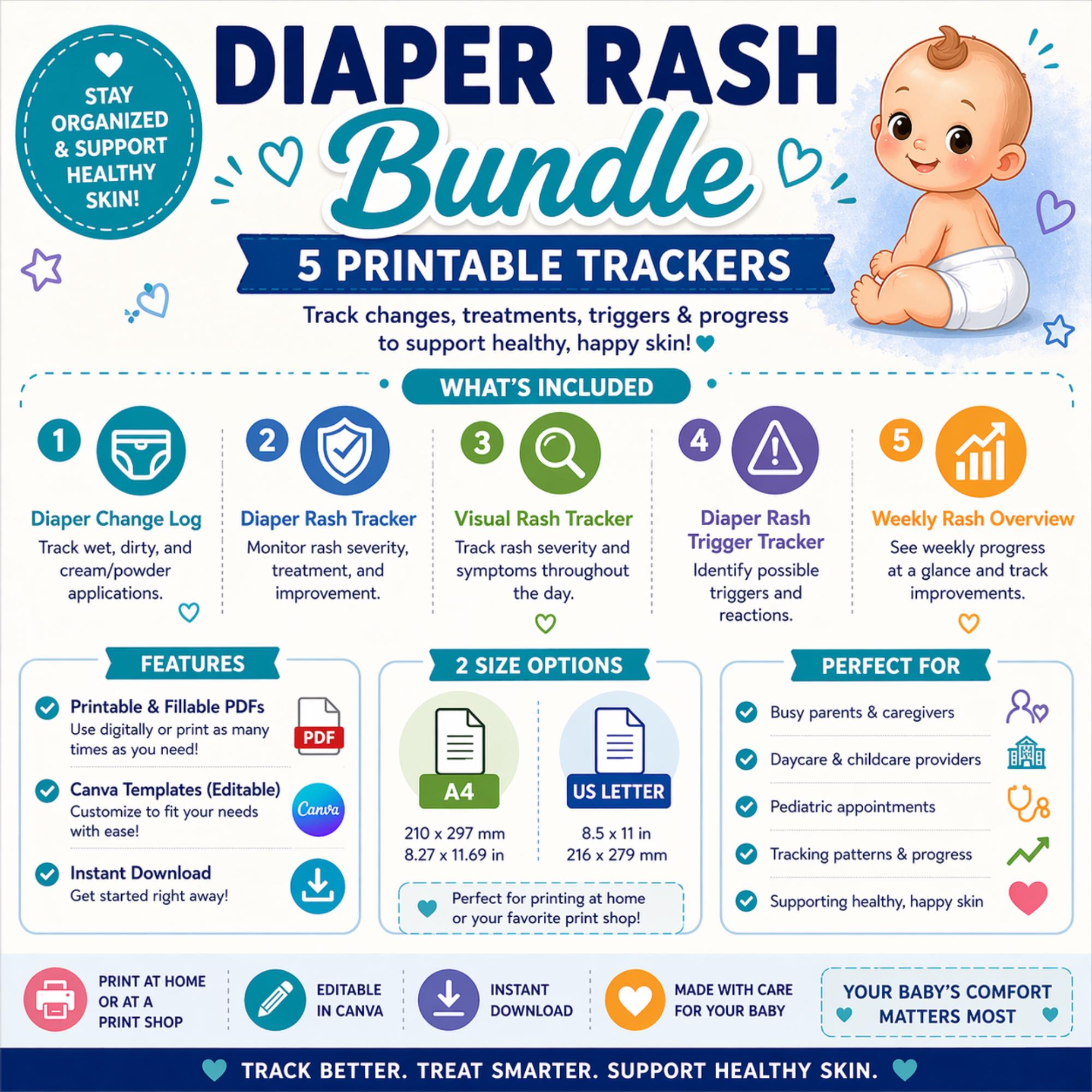 Diaper Rash Tracker Bundle Printable PDF, Baby Rash Log, Diaper Change ...