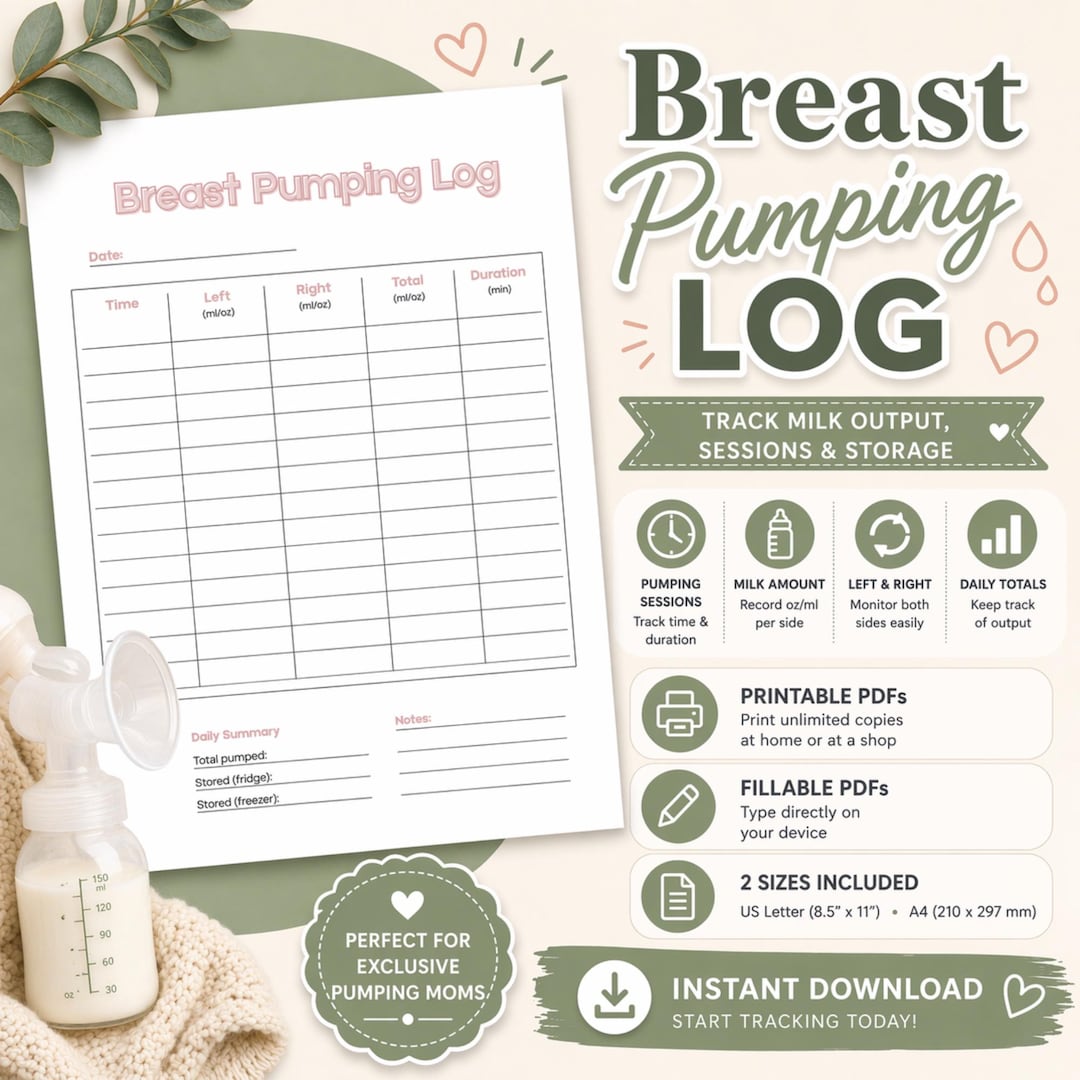 Breast Pumping Log Printable & Fillable PDF | Pump Tracker | Breastmilk ...