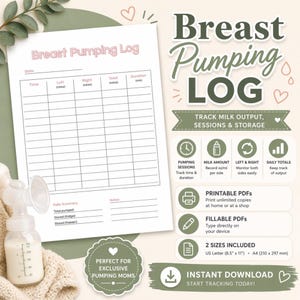 Breast Pumping Log Printable & Fillable PDF | Pump Tracker | Breastmilk Pumping Tracker | Exclusive Pumping Log | A4, US Letter