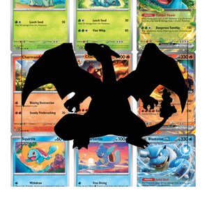 Könnte beinhalten: Pokémon-Sammelkarten mit Bulbasaur, Ivysaur, Venusaur, Charmander, Charizard, Squirtle, Wartortle und Blastoise. Jede Karte zeigt ein Pokémon, HP und Angriffsdetails. Die Karten sind in einem Raster angeordnet.