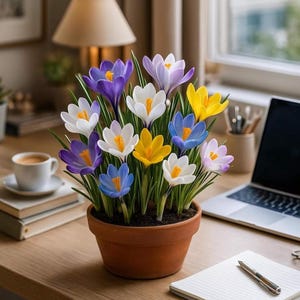 Peut inclure: Un pot en terre cuite rempli de fleurs de crocus multicolores, violettes, blanches, jaunes et bleues. Les fleurs sont disposées sur un bureau en bois, à côté d'un ordinateur portable, d'une tasse de café et d'un bloc-notes.