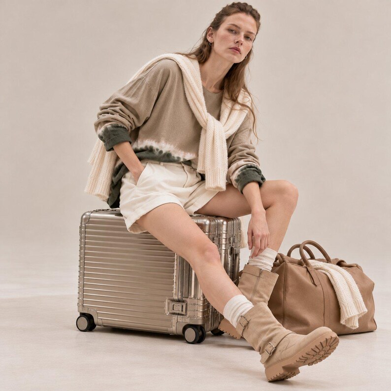 May include: An olive green tie-dye long-sleeve shirt, white shorts, and a cream-colored sweater draped over the shoulders. The outfit includes beige mid-calf boots with buckles, a metallic silver rolling suitcase, and a tan leather duffel bag.