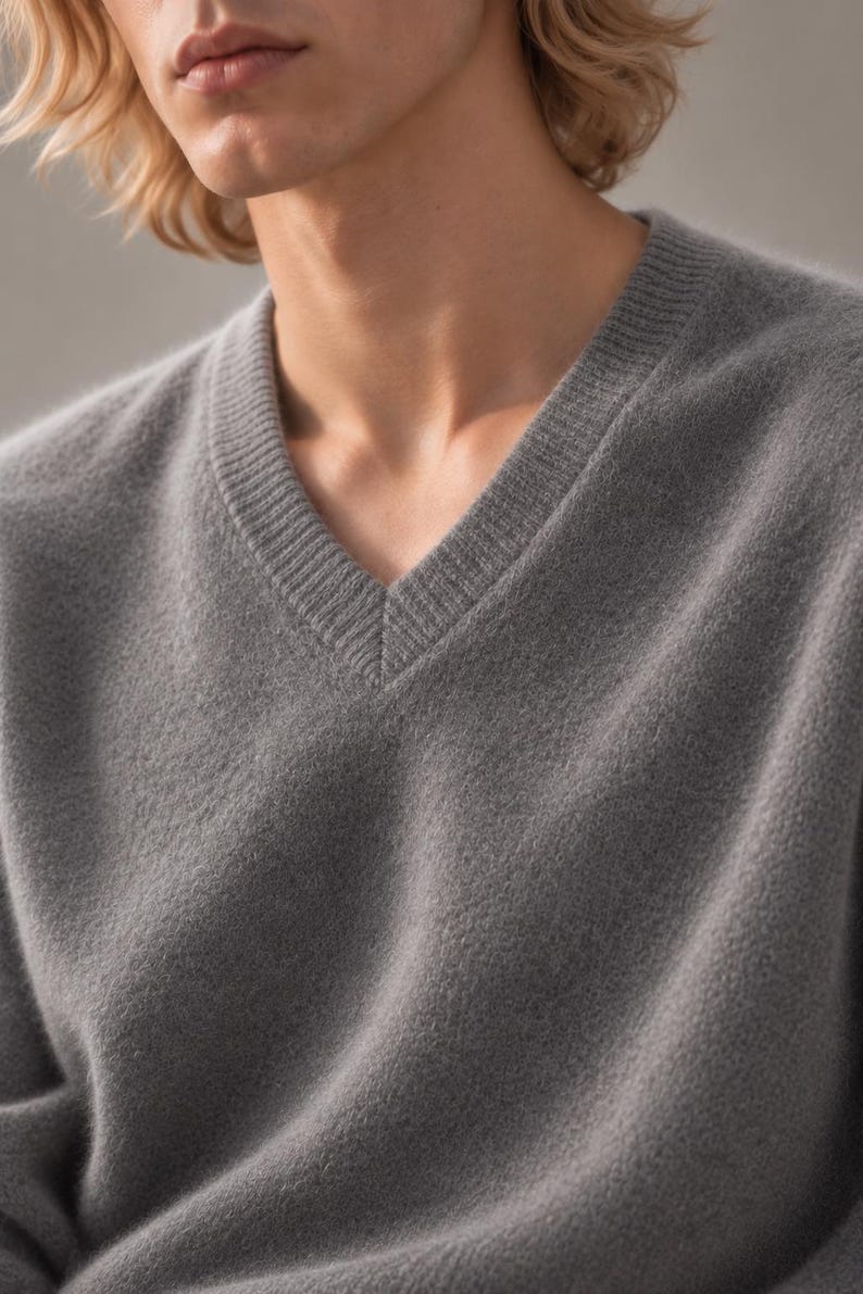 K&ouml;nnte beinhalten: Ein mittelgrauer V-Ausschnitt-Pullover aus weichem, strukturiertem Strickstoff. Das Kleidungsst&uuml;ck verf&uuml;gt &uuml;ber einen gerippten V-Ausschnitt und lange &Auml;rmel und bietet einen schlichten, klaren Look mit einer durchgehend einheitlichen Farbe.