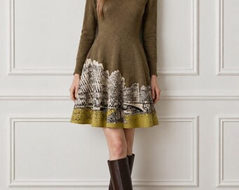 Seine Sketch Knit Dress — Paris Skyline Wool Cashmere Dress | Olive Fit and Flare Sweater Dress