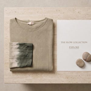 May include: A folded sage green long-sleeve shirt with a dark green and white tie-dye pattern on the sleeve, placed next to a white card featuring the text THE SLOW COLLECTION and EXPLORE, accompanied by two small smooth brown stones.