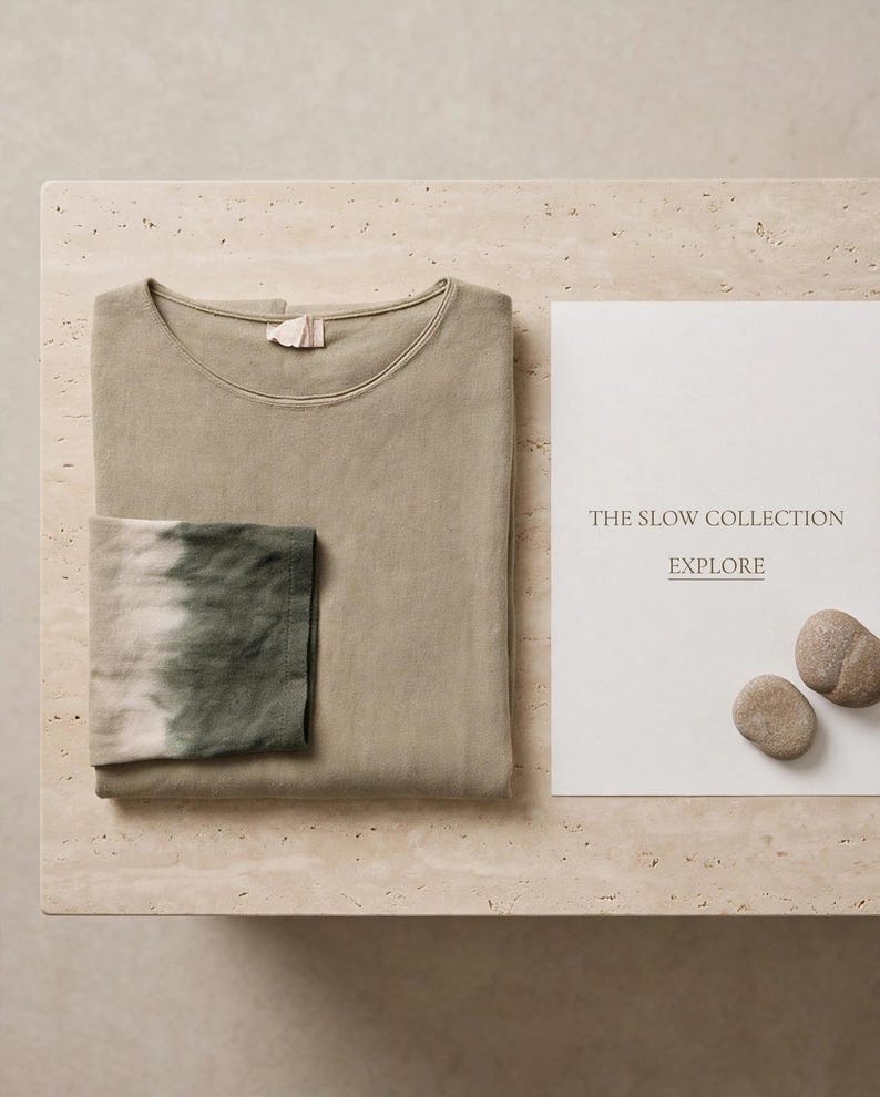 May include: A folded sage green long-sleeve shirt with a dark green and white tie-dye pattern on the sleeve, placed next to a white card featuring the text THE SLOW COLLECTION and EXPLORE, accompanied by two small smooth brown stones.