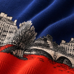 Puede incluir: Un tejido de punto con una secci&oacute;n superior azul vibrante y una secci&oacute;n inferior roja brillante. Un estampado gr&aacute;fico detallado en blanco y negro representa un paisaje urbano con edificios de varios pisos, un gran &aacute;rbol y un puente de piedra.