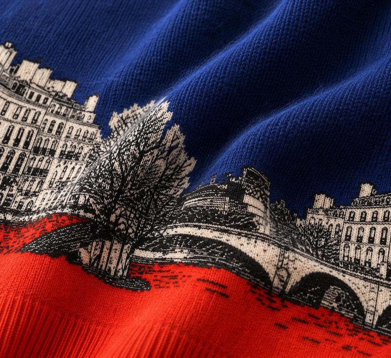 Puede incluir: Un tejido de punto con una secci&oacute;n superior azul vibrante y una secci&oacute;n inferior roja brillante. Un estampado gr&aacute;fico detallado en blanco y negro representa un paisaje urbano con edificios de varios pisos, un gran &aacute;rbol y un puente de piedra.
