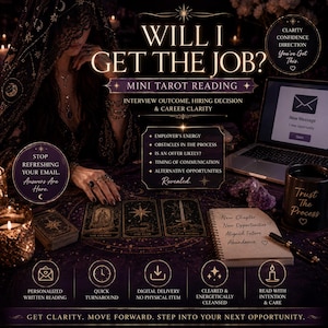 May include: An advertisement for a mini tarot reading service. The image shows a laptop, tarot cards, and a notebook with the words "New Chapter, New Opportunities, Aligned Future, Abundance." Text includes "Will I Get The Job?" and "Interview Outcome & Career Clarity."