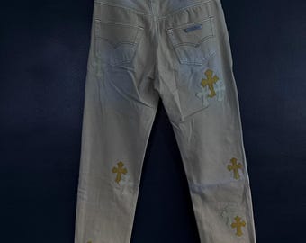 Streetwear Cross Design Jeans – Distressed Baggy Fit Denim Trousers CH