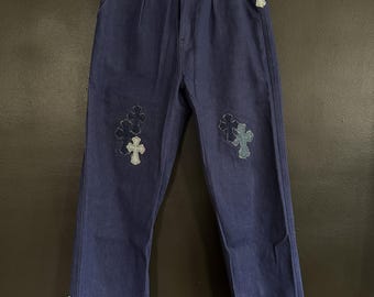 Streetwear Cross Design Jeans – Distressed Baggy Fit Denim Trousers CH