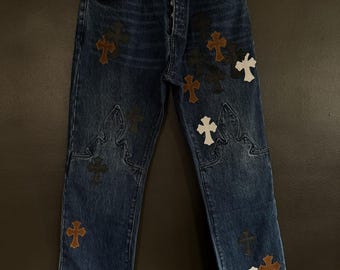 Streetwear Cross Design Jeans – Distressed Baggy Fit Denim Trousers CH
