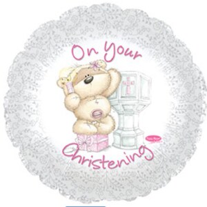 17&quot; ON YOUR CHRISTENING Balloon --  Pink writing - girl -  bear - baby - mylar - foil