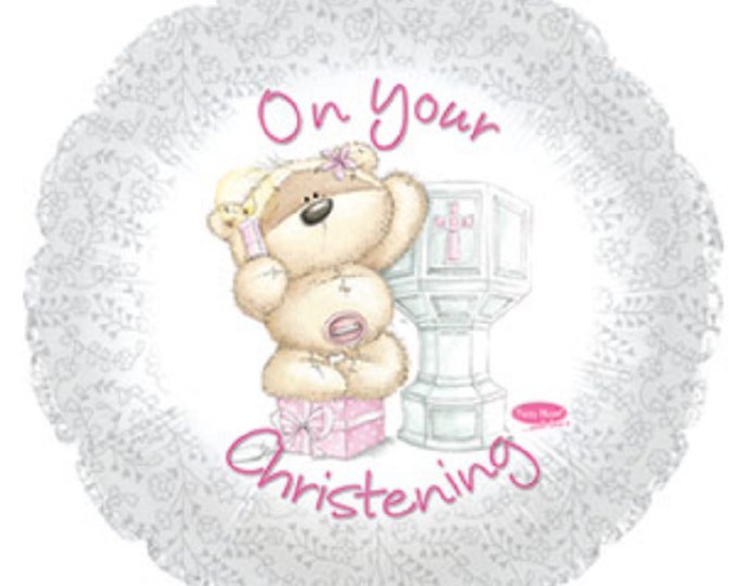17" ON YOUR CHRISTENING Balloon --  Pink writing - girl -  bear - baby - mylar - foil