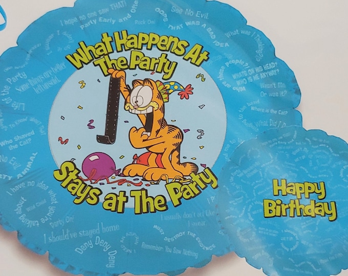 18" HAPPY BIRTHDAY Balloon -- GARFIELD - What Happens at the Party Stays at the Party -- funny sayings - mylar - foil