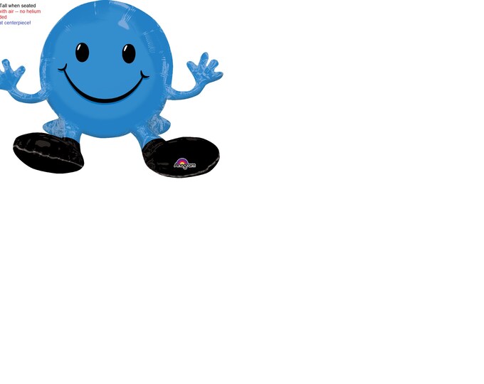 Blue SMILEY Face - 13" x 19" SITTING Balloon - Inflatable - Happy Face - Airfill only - NO Helium Required! - Centerpiece - Table scape