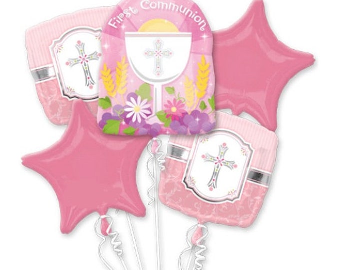 Balloon Bouquet - Pink FIRST COMMUNION - (1) Jr. Shape XL Mylar foil balloon and (4) Standard foil