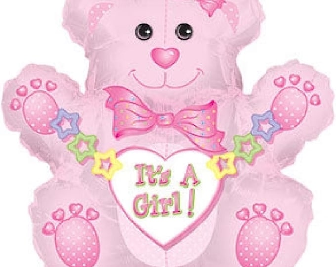 31" Jumbo IT'S A GIRL Balloon - Bear - Pink with heart, stars, and bows - Mylar foil