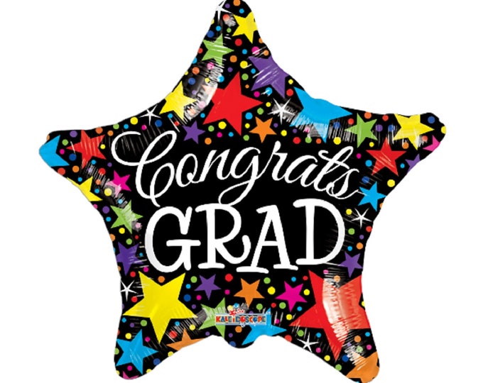 18" GRADUATION Balloon -- CONGRATS GRAD - star shaped - Gellibean Balloon - Stars and Dots - multicolor - Mylar - foil
