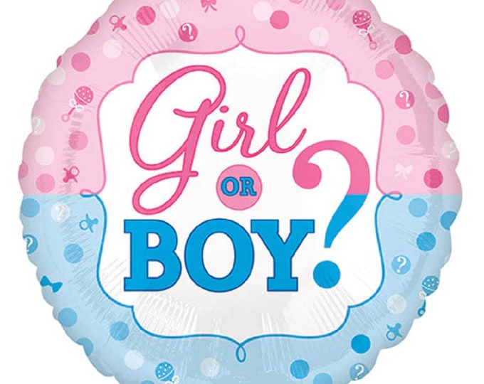 18" Girl or Boy? GENDER REVEAL Balloon --  Pink, Blue, and white - mylar - foil