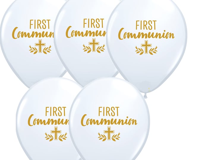 SET OF 5 - First Communion - 11" Latex Balloons -- Gold print on White Balloon