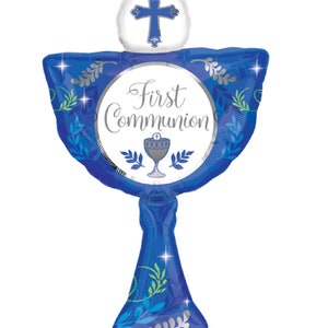 31&quot; JUMBO First Communion BALLOON - Chalice - Blue Cup with Cross   - SUPERSHAPE - Mylar foil - by anagram