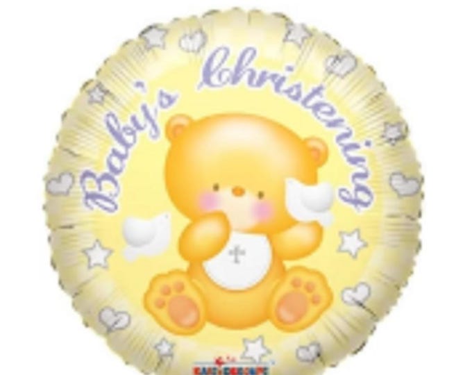 18" BABY's CHRISTENING Balloon -- Yellow Bear -- Lavendar writing - baby - mylar - foil