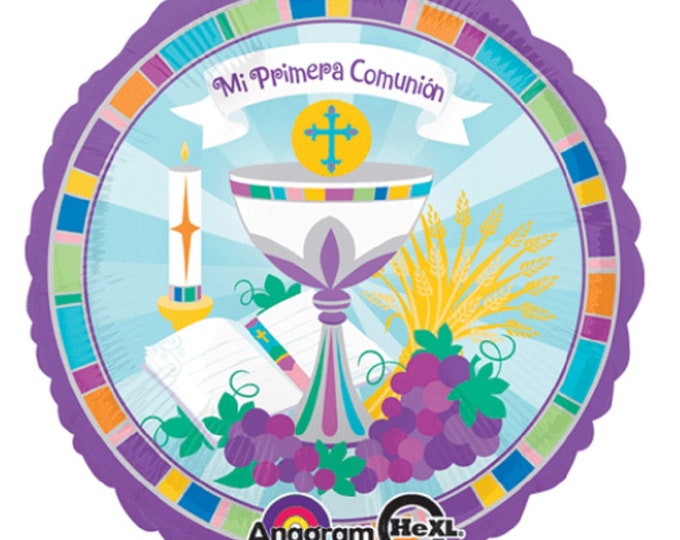 17" My First Communion Balloon - SPANISH --  Mi Primera Comunion - Purple - Cup - Candle - Mylar - Foil