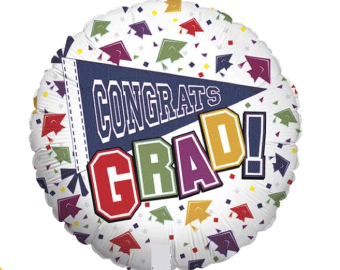 18" GRADUATION Balloon - CONGRATS GRAD - Round - Blue Pennant with multicolor caps  - foil - mylar