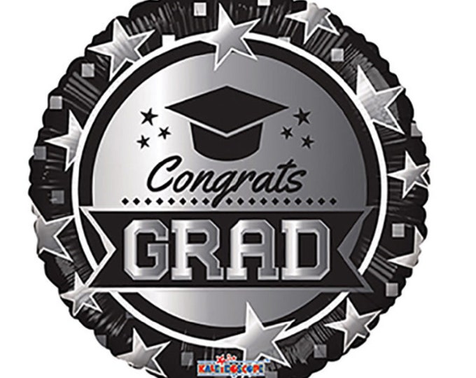18" GRADUATION Balloon - CONGRATS GRAD - Round - black and silver with stars and cap - foil - mylar