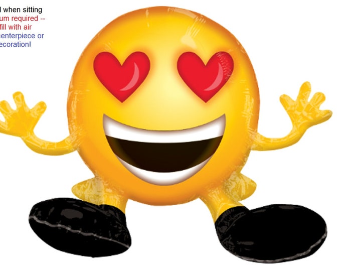 Yellow Emoticon - 19" SITTING multi-Balloon - Inflatable - Heart eyes - Toothy smile - Airfill - NO Helium Required! Centerpiece  Tablescape