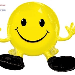 Yellow SMILEY Face - 13&quot; x 19&quot; INFLATABLE - SITTING Balloon - Happy Face - Airfill only - No Helium Required! - Centerpiece - Table scape