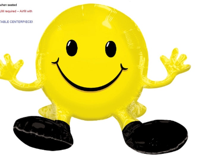 Yellow SMILEY Face - 13" x 19" INFLATABLE - SITTING Balloon - Happy Face - Airfill only - No Helium Required! - Centerpiece - Table scape
