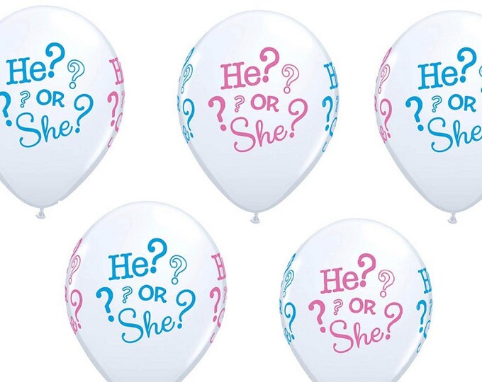 SET OF 5 - Gender Reveal - He or She?  - 11" Latex Balloons -- Blue and Pink print on White Balloon