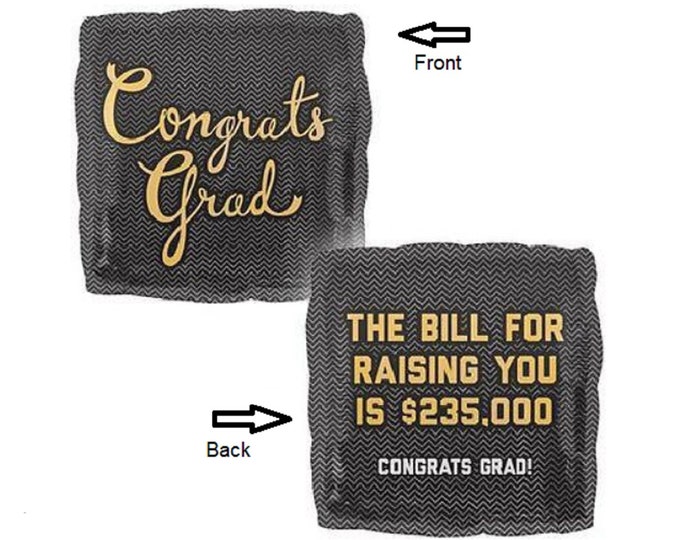 18" GRADUATION Balloon - The Bill for Raising you - CONGRATS GRAD - Square - Black and gold  - foil - mylar