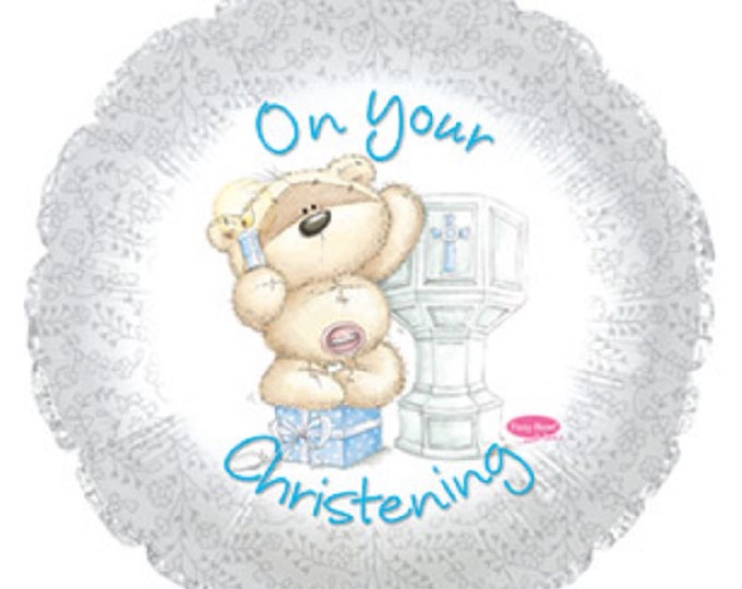 17" ON YOUR CHRISTENING Balloon --  Blue writing - boy -  bear - baby - mylar - foil