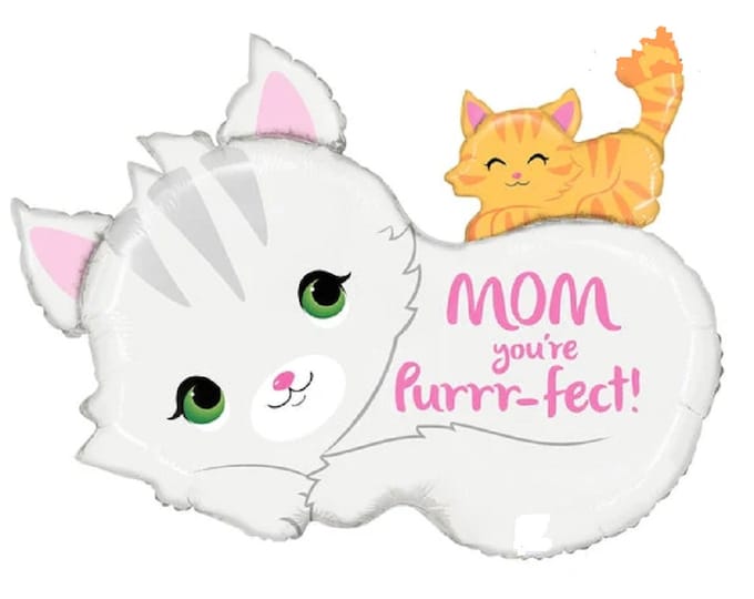 Jumbo 35"  MOM You're Purrr-fect -  MOTHER's DAY Balloon  - cat with kitten - pink, white, gold (orange)