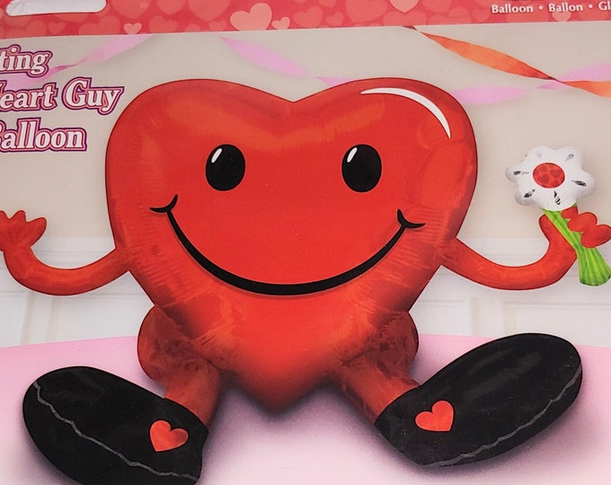 Smiley HEART Guy w/flower - 13" x 20" SITTING multi-Balloon Inflatable - Happy Face Smile - Airfill only  NO Helium Required!  Centerpiece