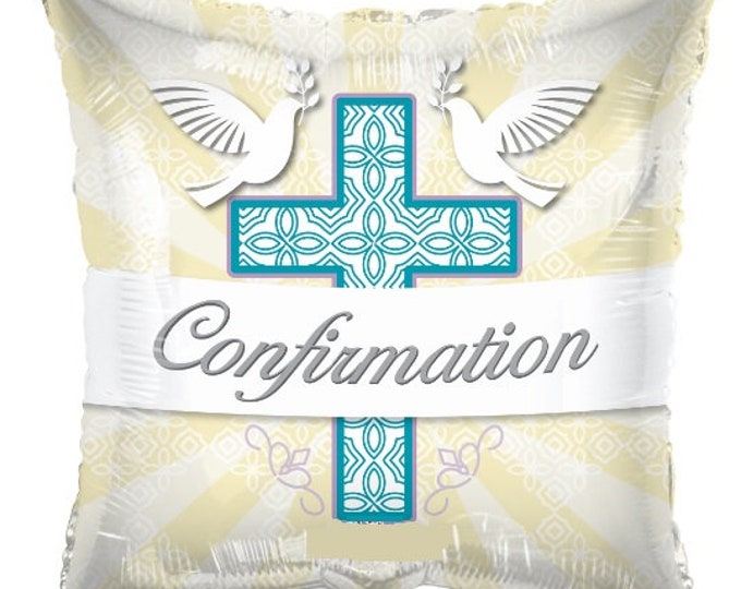 18" CONFIRMATION Cross with Doves Balloon --  18" MYLAR foil - square balloon
