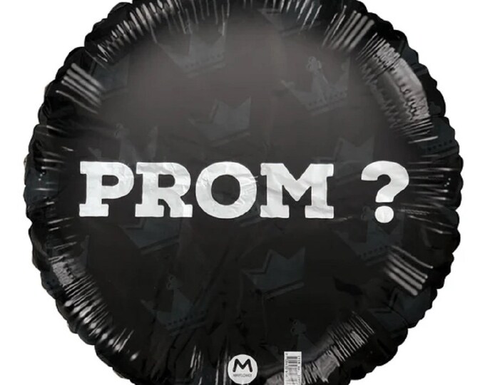 18" PROM? Balloon - Black with White print - background of King and Queen Crowns - foil - mylar