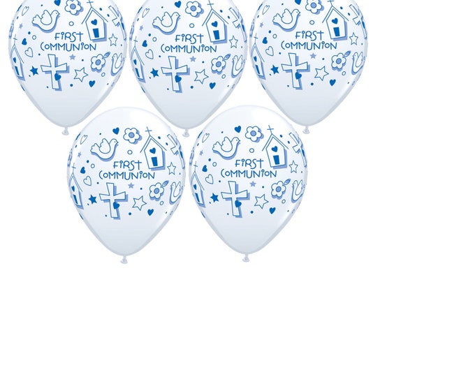 SET of 5 - First Communion Balloons - 11" Latex - BLUE  print on WHITE Balloon