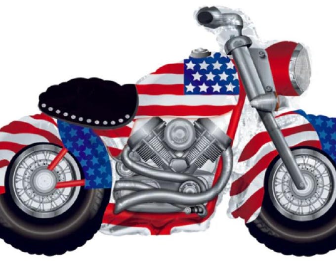 HUGE 47" x 27" PATRIOTIC MOTORCYCLE shaped Balloon - 4th of July - Memorial Day - Veteran's Day - mylar - Red, White, Blue
