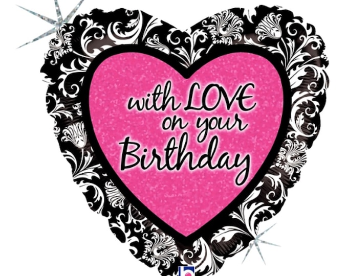 18" BIRTHDAY Balloon - with LOVE on your Birthday - holographic - pink, black and white - heart shaped  - Happy Birthday - foil - mylar