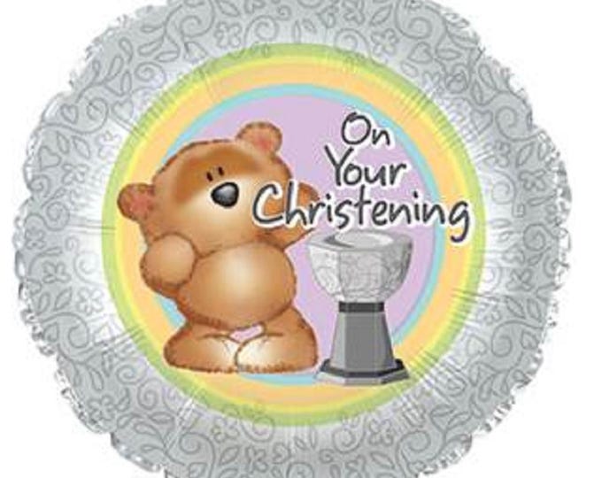17" ON YOUR CHRISTENING Balloon --  Brown Bear - Black writing - baby - mylar - foil